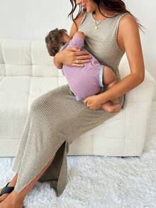 SHEIN 孕婦素色羅紋休閒無袖哺乳洋裝 - 卡其色 - 查看 5
