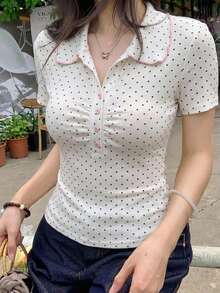 DAZY 夏季可愛波點白色休閒街頭風運動音樂節性感修身女款 Polo 衫 T-shirt Y2K - 白色 - 查看 3