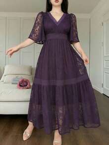 DAZY Vestido midi de mujer con encaje floral en todo el Body y color de contraste para primavera y verano - Morado - Ver 3