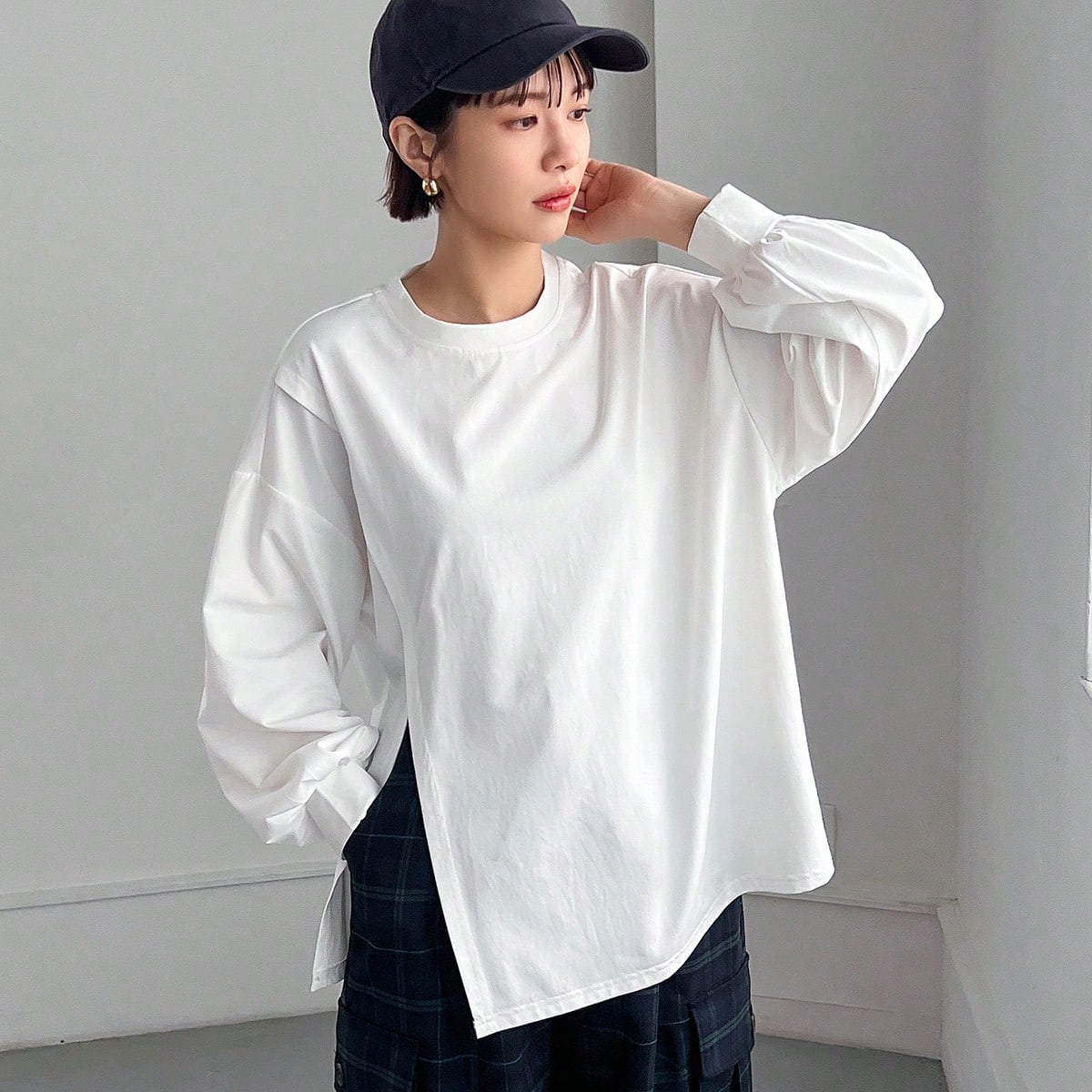 Design-Focused Round Neck Long Sleeve T-Shirt Asymmetric Design Autumn Teen (Girls) T-Shirt