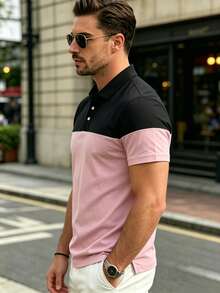 Manfinity Dauomo Camisa polo de manga corta para hombres, casual y de trabajo, con bloques de color para el verano - Multicolor - Ver 3
