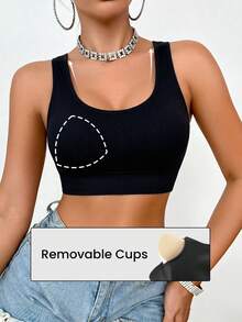 SHEIN 1pc Black Wide Strap Seamless Sports Bra, Women's High Support Shock-Absorbing Push-Up Fitness Tank Top For High-Intensity Training - Black - View 1