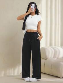 SHEIN PETITE 2026女款春夏黑色復古美式風腰帶繫帶長褲，適合通勤、派對、休閒穿著及其他場合 - 黑色 - 查看 7