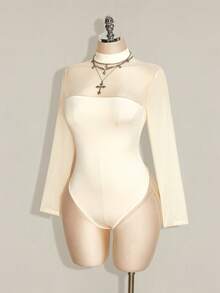 SHEIN ICON Plus Size Mesh Patchwork Y2K Sexy Bodysuit - Apricot - View 3