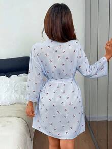 Napfluff Women's Casual Cherry Plaid Print Open Front Robe - Blue - View 2
