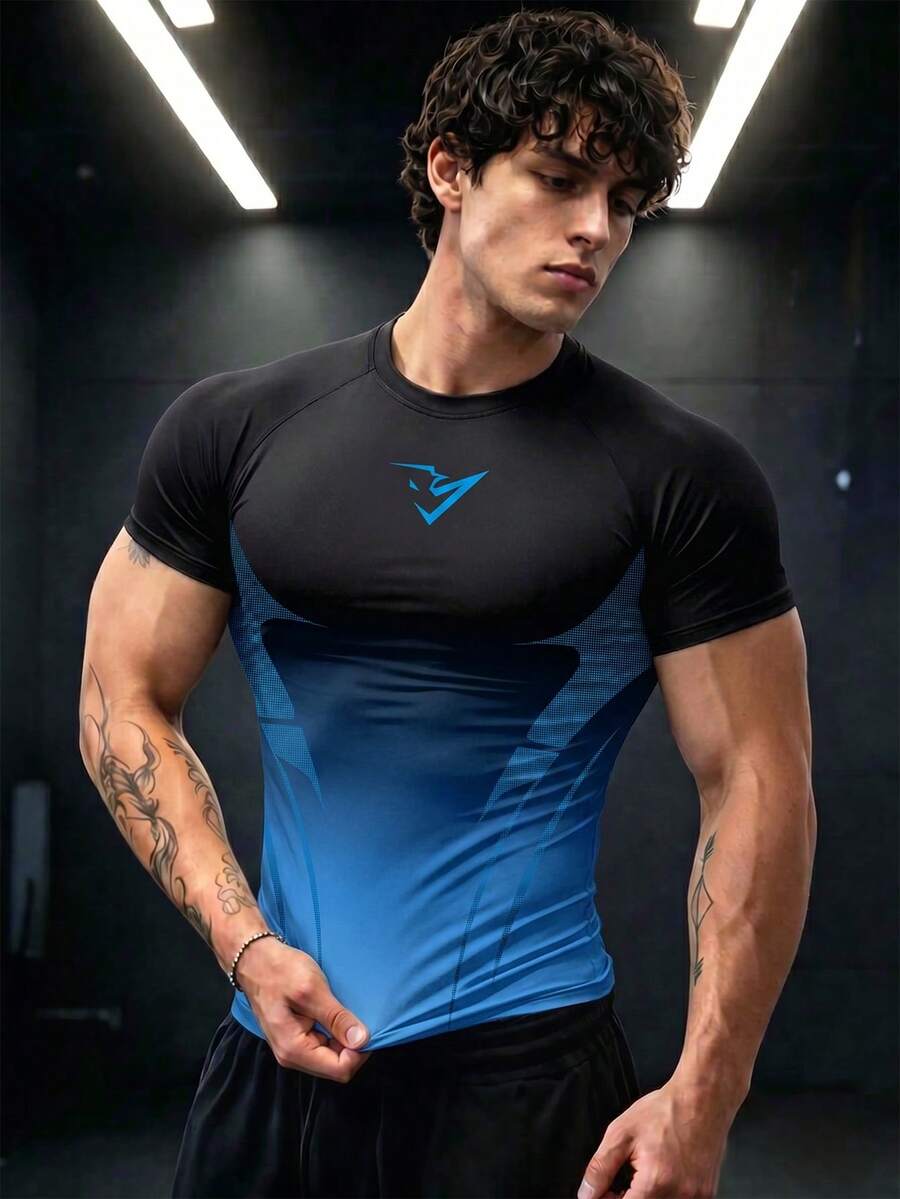 GymBeat Men Gradient Pattern Print Fitted Short Sleeve Crew Neck T-Shirt, Gym - Multicolor - View 1
