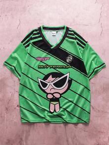 THE POWERPUFF GIRLS X SHEIN 男士V领短袖休闲T恤 - - 綠色 - 查看 1
