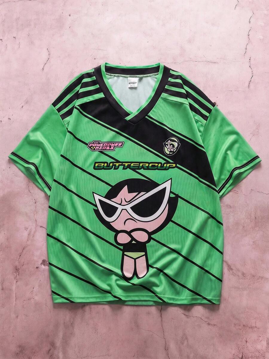 THE POWERPUFF GIRLS X SHEIN 男士V领短袖休闲T恤 - - 綠色 - 查看 1