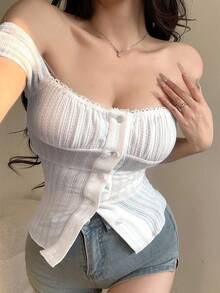 DAZY 女士甜美泡泡袖方领短袖T恤学院风上衣可爱上衣 - 白色 - 查看 3