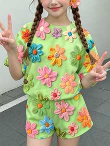 青少年女孩休閒簡約可愛趣味紋理碎花、綠色調、花卉田園風、短袖短褲兩件套，適合夏季舒適春夏季風格，圖案、卡哇伊、圖案 - 彩色 - 查看 2