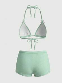 Sweetra Women's Sweet Plaid Textured Triangle Cup Bralette And Briefs Bikini Set For Summer Beach Vacation - Green - View 2