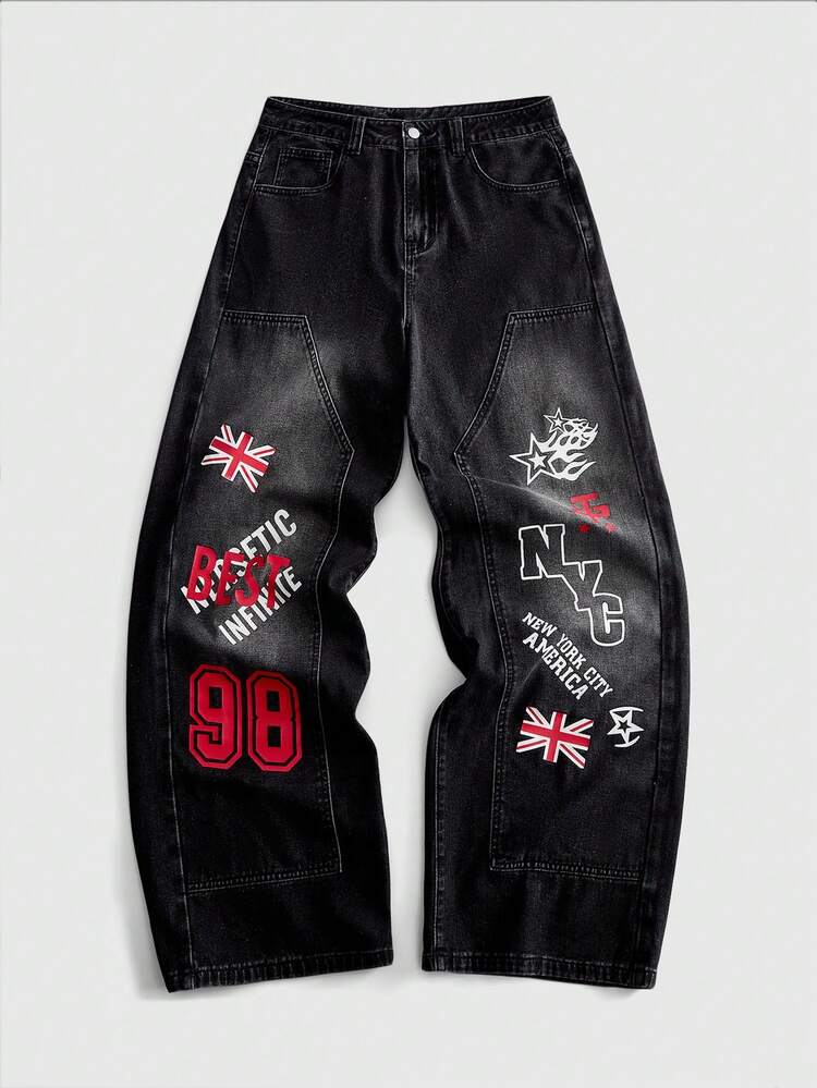 ROMWE MEN Prep Men's Y2K Retro Wide Leg Jeans, Black Washed Wide