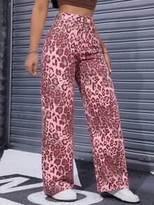 SHEIN ICON 豹纹直筒牛仔裤 - 粉色 - 查看 5