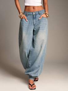 SHEIN BAE Celana Jeans Wanita Model Lentera dengan Desain Saku dan Motif Cuci, Cocok untuk Perjalanan Sehari-hari, Celana Kerja Wanita Musim Gugur - Light Wash - View 6