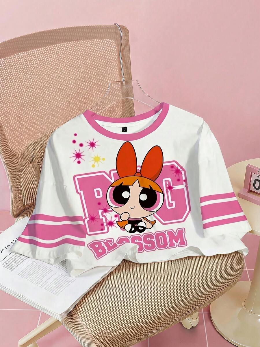 THE POWERPUFF GIRLS X SHEIN 女士休闲可爱花朵图案圆领短袖T恤,夏季 - 白色 - 查看 1