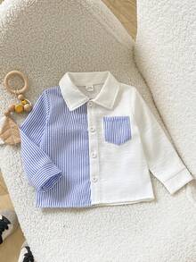 SHEIN Playful Pals 男嬰深綠色馬術圖案刺繡口袋裝飾長袖襯衫休閒時尚款適合各種場合出遊或穿著 - 淺藍色 - 查看 4