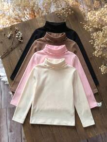SHEIN Emery Rose Kids 女童小女孩 4件組 高領羅紋針織休閒T恤 高領上衣 秋季女童服飾 適合日常休閒穿著 - 彩色 - 查看 10