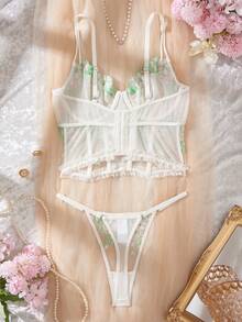 Myrelith Vintage Sexy Klassisch Pastoral Frisch Stickerei Patchwork Mesh Cami Schnürung vorne Bustier + Tanga Damen Unterwäsche Set 2 Stücke - Verschiedenfarbig - Übersicht 2