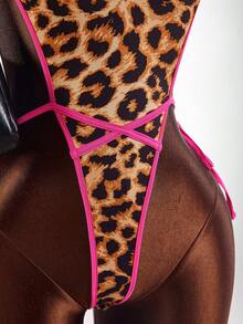 Amplova Sexy Bandage Vacation Colorblock Pink Leopard Print Deep V-Neck Sleeveless Tie Strap Women's Mini Bodysuit Night Out Party Summer - Khaki - View 6