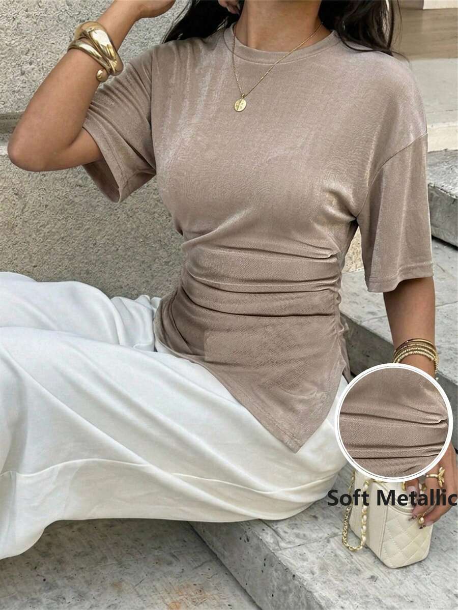 Aloruh 女款優雅圓領不對稱下擺收腰針織彈性短袖T恤 - 卡其色 - 查看 1