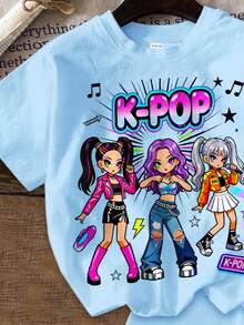 兒童女童 2件組休閒極簡時尚彩色 K-POP 女團字母星星印花短袖T恤與短褲套裝，適合學校夏季穿著 - 彩色 - 查看 4