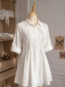 Comfortcana Plus Size Women's White Casual Elegant Single-Breasted Dress Teachers' Day Office Summer - White - View 10