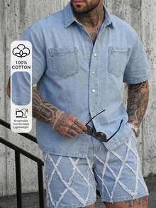 DAZY Blue Short Sleeve Washed Shirt With Decorative Line Shorts Men's Plus Size Denim Set Summer - Blue - View 1