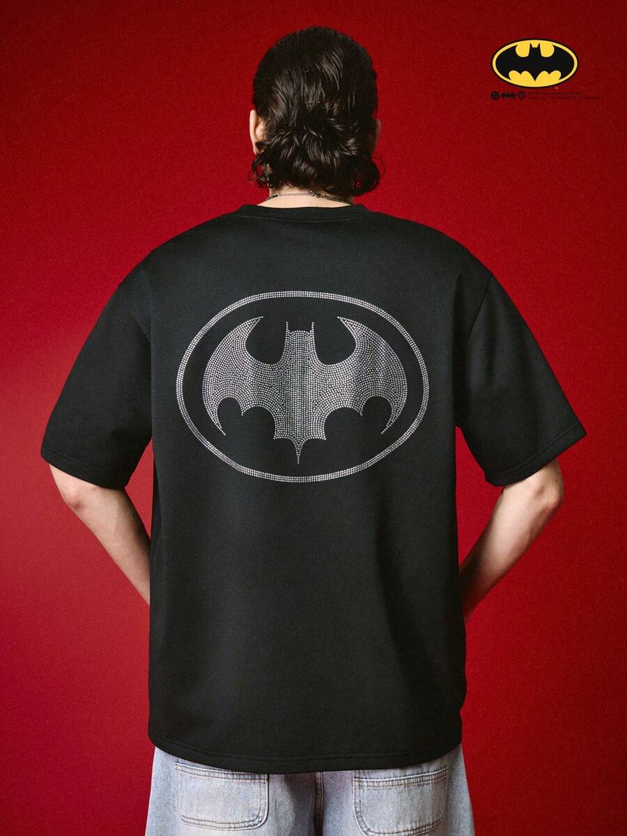 BATMAN X SHEIN STYNVO Men's Casual Rhinestone Bat Print T-Shirt, Summer, Holiday - Black - View 1
