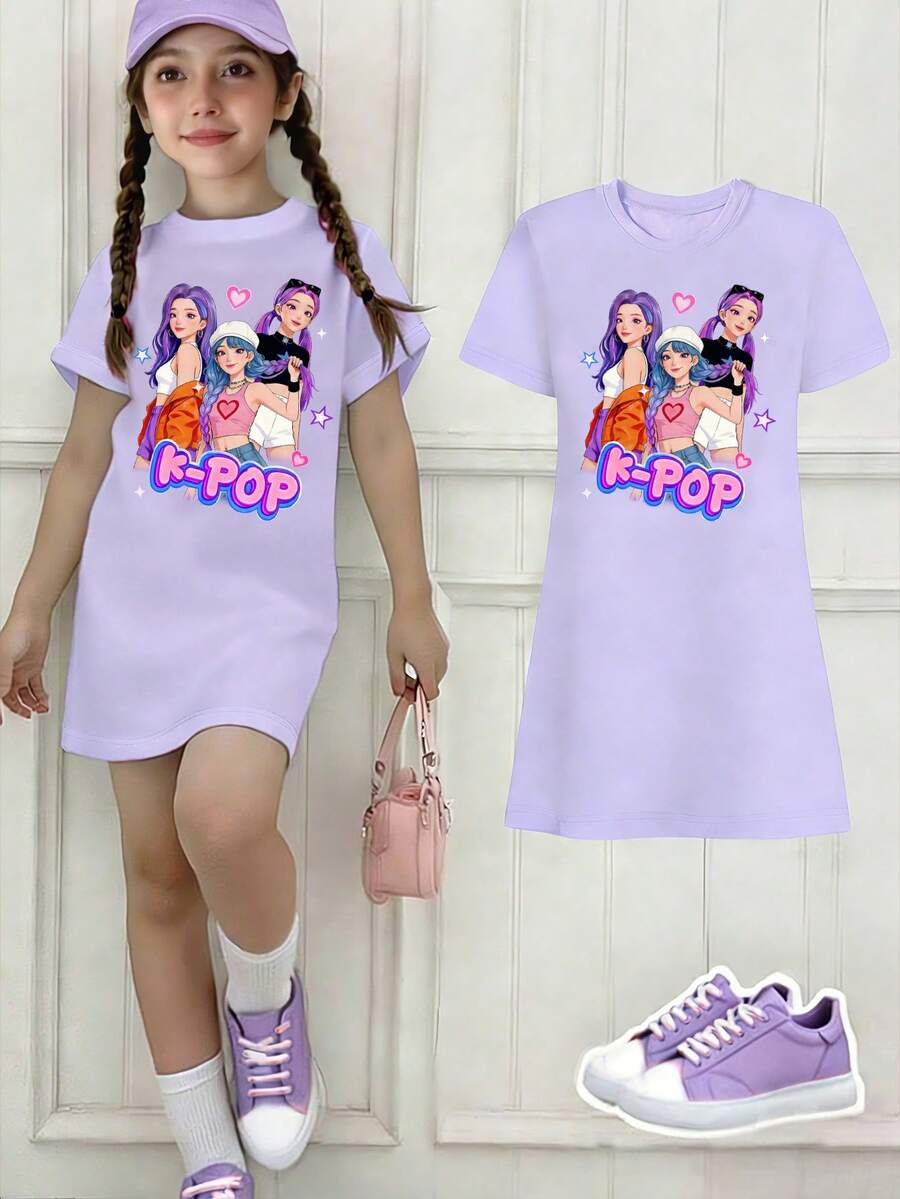 Elladie kids 春夏女童休闲时尚创意个性清新简约酷炫虚拟女团星爱心图案字母印花休闲基础款短袖T恤裙,舒适日常穿着,温暖的夏秋风格,适合春、夏、秋季穿着。 - 紫色 - 查看 1