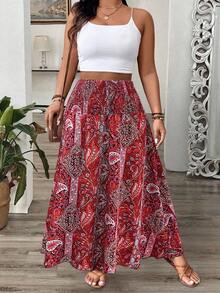 EMERY ROSE Falda maxi con estampado de flores y paisley, volantes en el bajo para mujeres de talla grande - Rojo - Ver 5