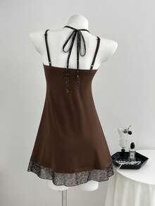Elamini Women's Summer Minimalist Dark Brown Vacation Casual Sexy Low-Cut V-Neck Leopard Print Mesh Patchwork Camisole Mini Dress Night Out Club - Brown - View 2
