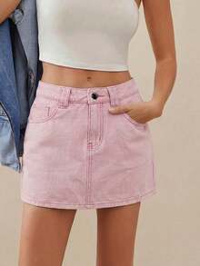WESTFADE Minifalda básica de denim premium 91% algodón - Rosa Pálido - Ver 1