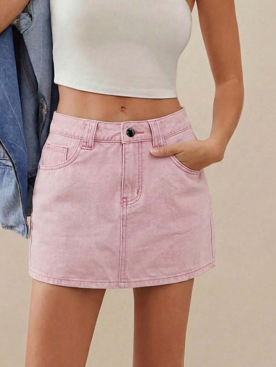 WESTFADE Minifalda básica de denim premium 91% algodón - Rosa Pálido - Ver 1