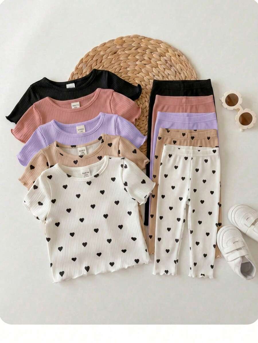 5pcs -Piece Set Of Solid Color Heart Pattern Knitted Casual T-Shirts For Baby Girls (Multiple Pieces) - Mauve Purple - View 1