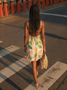 CAJUNI Women's Leaf Print Casual Tropical Vacation Daily Outing Beach Mini Strap Dress White Summer - Multicolor - View 2