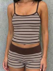 SHEIN EZwear 女款條紋拼接吊帶上衣與短褲休閒日常套裝 - 彩色 - 查看 6