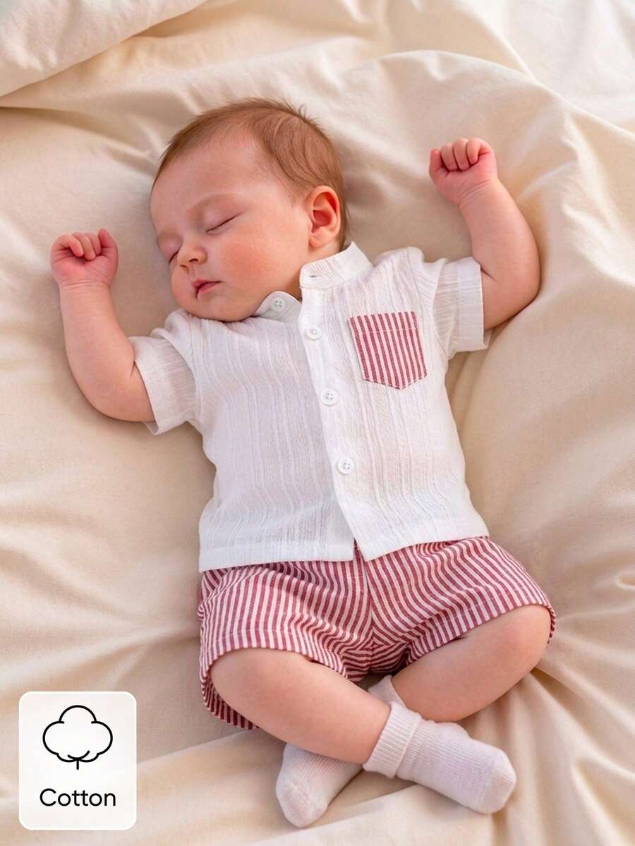 SHEIN Set Baju Bayi Laki-laki Baru Lahir Gaya Gentleman Lengan Pendek, Pakaian Kasual Musim Panas Sederhana dan Artistik untuk Beraktivitas di Luar Ruangan - Merah - View 1