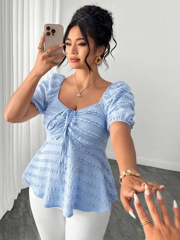 Elenzga Elegant Commuter Style Polka Dot Fabric Short Sleeve Tie-Up Plus Size Women's T-Shirt Spring Summer Fashion Vacation Puff Sleeve A-Line Top