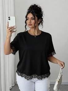 EMERY ROSE Plus Size Women's Vacation T-Shirt With Asymmetrical Back Design And Lace Patchwork Details - Black - View 6