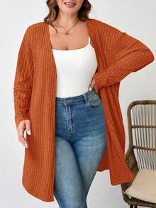 SHEIN LUNE Cárdigan de punto acanalado de color liso talla grande para primavera, otoño e invierno - Óxido marrón - Ver 6