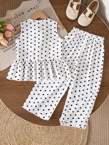 SHEIN Vintaside Kids 少女新款清新田園風精緻碎花兩件套 棕色蝴蝶結裝飾無袖背心上衣 + 寬腿長褲 甜美可愛休閒夏季套裝 - 黑與白 - 查看 2