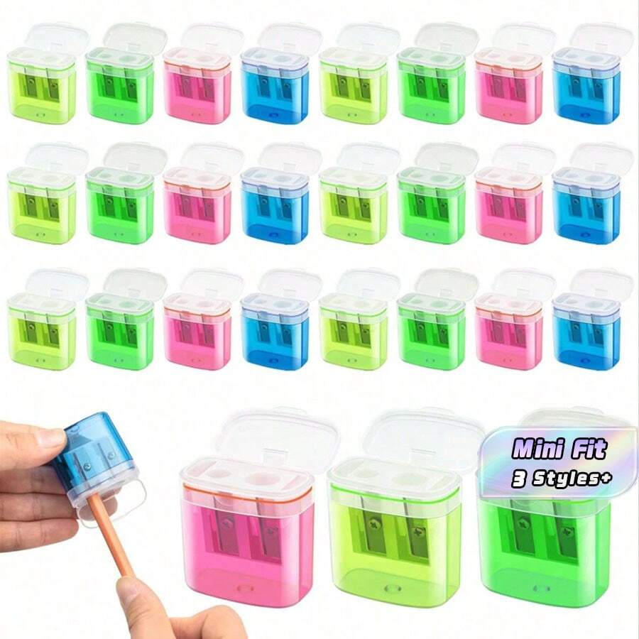 12入/24入雙孔手動鉛筆削筆器,附蓋,便攜式文具,適用於辦公室與學校,4色組返校季 - 多色 - 查看 1