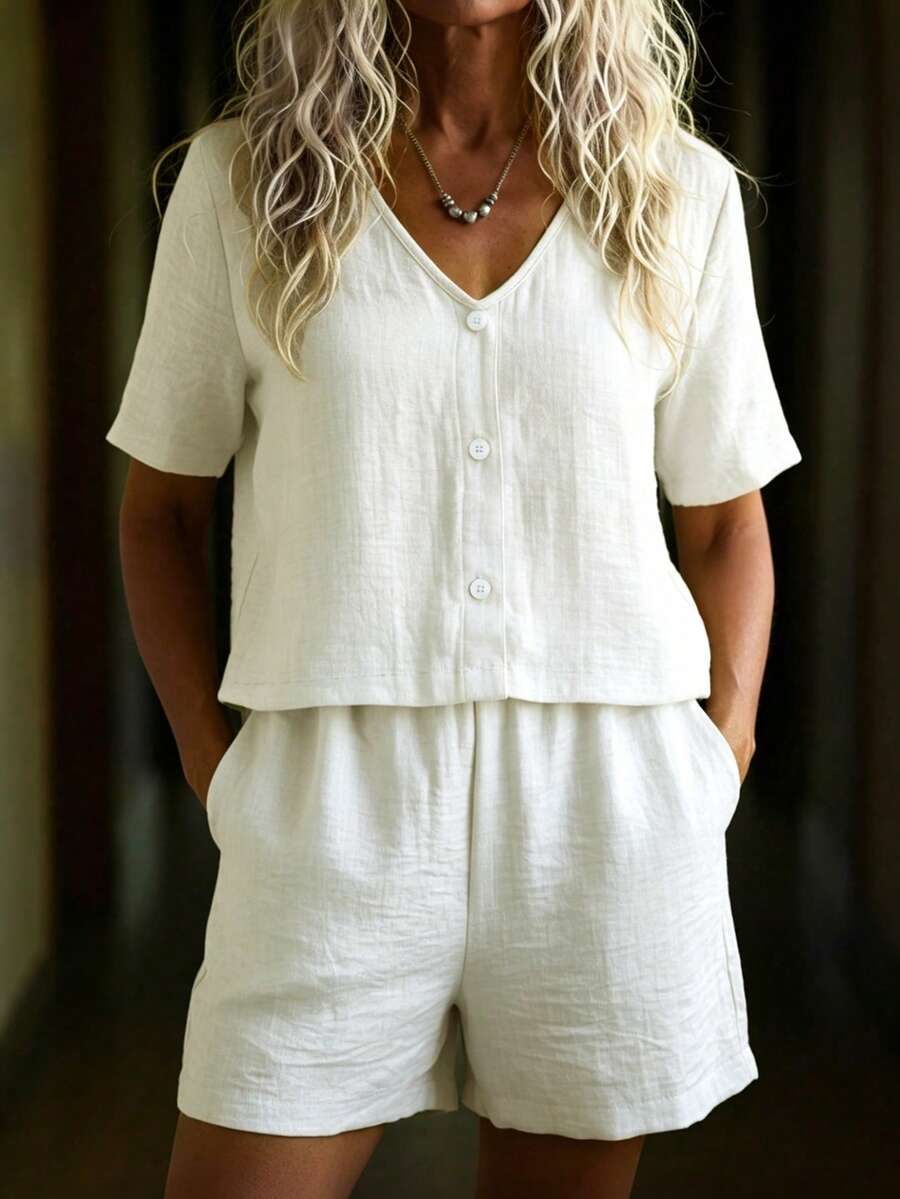 Linavere V-Ausschnitt Knopf Kurzarm Shorts Set Damen Lässig Zwei Teile - Aprikosenfarben - Übersicht 1