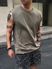 DAZY 橄欖綠毛邊寬鬆版型男士背心 夏季款 - 軍綠色 - 查看 5