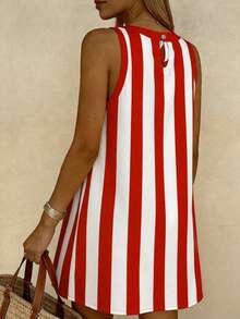Vaclyn Gaun Pendek Wanita untuk Liburan, Motif Garis Merah dan Putih, Kasual - Merah - View 3