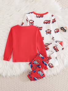 Cozy Pixies Piyama Bayi Laki-laki Pas Badan Motif Hewan Kartun Rajut Lembut Leher Bulat Lengan Pendek Atasan Pullover Pinggang Elastis Celana Pendek Pas Badan 2 Potong - Red and White - View 2