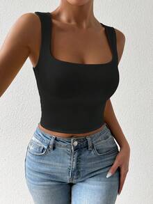 Allurite Top corto de mujer de unicolor simple con escote en U profundo para uso diario - Negro - Ver 7
