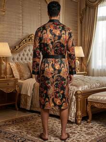 Jahmira Men's Floral Print Long Sleeve Loose Fit Robe - Black - View 2