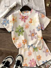 Tween Girl Casual Minimalist Cute Fun Textured Floral Print Short Sleeve T-Shirt And Shorts 2-Piece Set Suitable For Summer - Multicolor - View 3