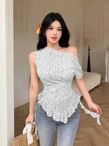 Modelyn 黃色碎花不對稱肩褶皺荷葉邊極簡性感度假風女上衣 - 白色 - 查看 6